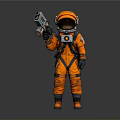 Astronaut In Orange Spacesuit Holding Futuristic Device On Gray Backdrop