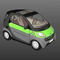 Green and Gray Compact Two Seater Car with Black Roof and Beige Interior