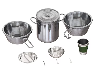 Stainless Steel Cookware Set With Lid Pot Bowls Handles Cup And Utensils 3d model