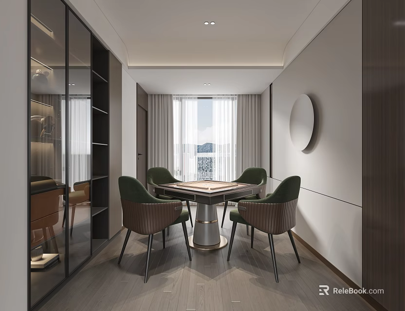 Modern Hotel Mahjong Room Interior Design With Comfortable Chairs Large Windows And Elegant Lighting 3d model 