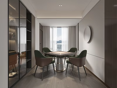 Modern Hotel Mahjong Room Interior Design With Comfortable Chairs Large Windows And Elegant Lighting 3d model