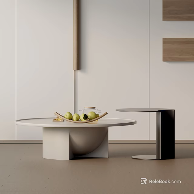 Minimalist Sofa Coffee Table Set With Round White Table Black Side Table And Fruit Tray 3d model