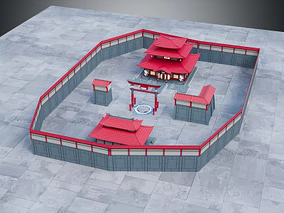 Traditional Ancient Chinese Architecture Featuring Red Roofs Enclosed Walls and Courtyard Layout 3d model