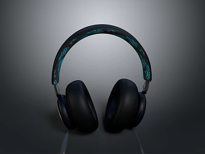 Modern Black Over Ear Headphones With Blue Patterned Headband Design 3d model