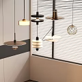 Modern Interior Space Featuring Various Design Pendant Lights By Window Blinds 3d model