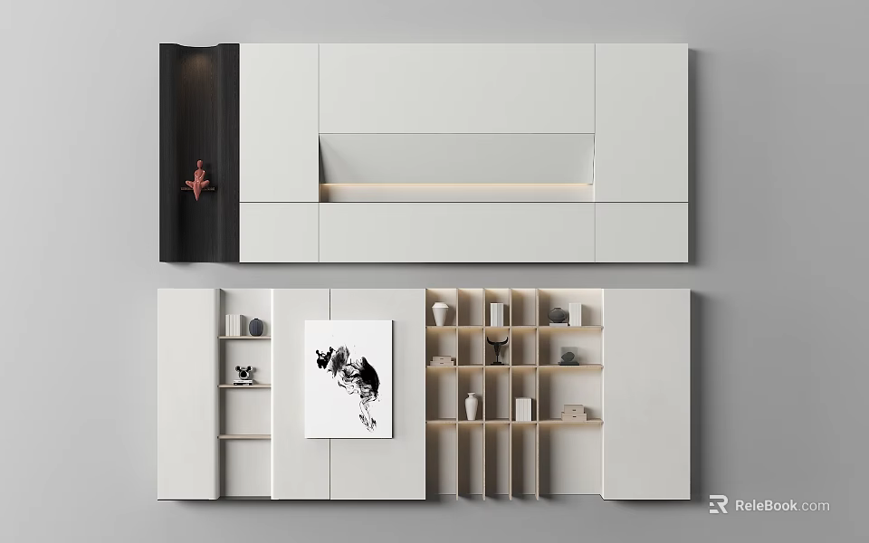 Modern Minimalist Interior Wall Design With White Storage Shelves And Decorative Artwork 3d model 