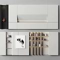Modern Minimalist Interior Wall Design With White Storage Shelves And Decorative Artwork