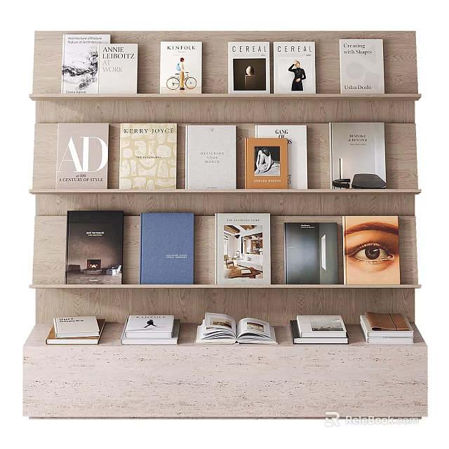 Stylish Books And Magazines Display On Shelves 3d model