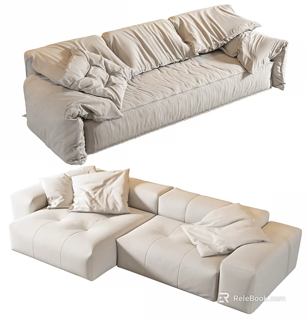 Modern Light Beige Sectional Sofa Set With Soft Cushions And Wrinkled Design 3d model 
