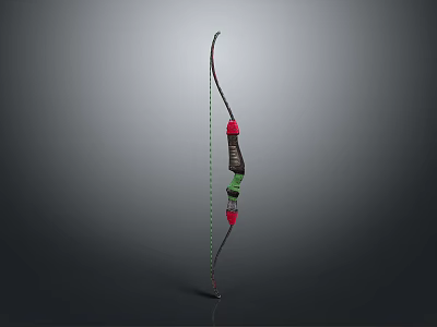 Handcrafted Traditional Longbow Weapon Featuring Red Green Accents And Decorative Details 3d model
