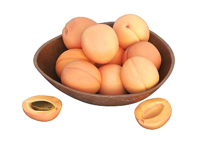 Fresh Ripe Apricots in a Wooden Bowl with Halved Fruits Showing Seeds 3d model
