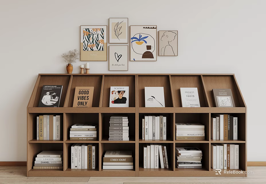 Wooden Bookshelf With Multiple Compartments Filled With Books And Decorative Wall Art 3d model 