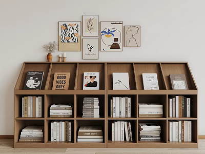 Wooden Bookshelf With Multiple Compartments Filled With Books And Decorative Wall Art 3d model