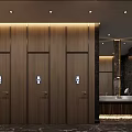Public Restroom Interior With Marble Walls Wooden Doors Decorative Painting And Cabinet With Vases