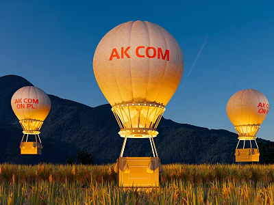 Illuminated AK COM Hot Air Balloons Over Mountain Range And Green Field At Dusk 3d model
