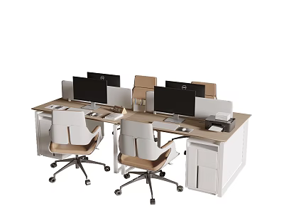 Modern L Shaped Office Desk With Ergonomic Chairs Computer Monitors And Storage Cabinets 3d model