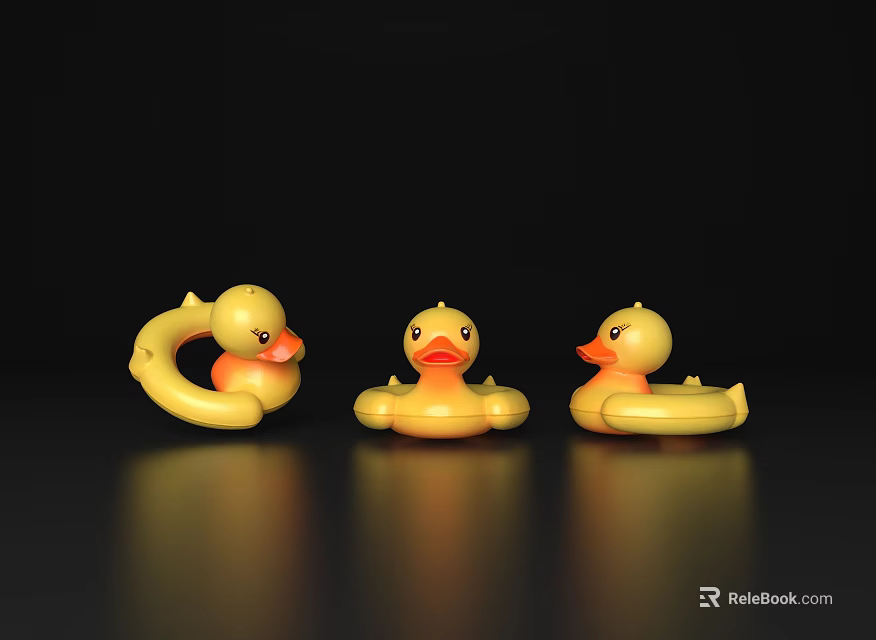 Three Yellow Rubber Ducks in Different Poses on Black Background 3d model
