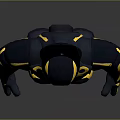 Futuristic Armored Character with Yellow Accent Lines in Dark Exoskeleton Suit 3D Render Design