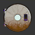 Round Metal Framed Device With Orange Exterior Circular Transparent Panel And Purple Blue Components