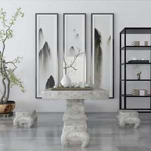 New Chinese Style Outdoor Table and Chair Stone Table Bonsai Painting Combination 3d model