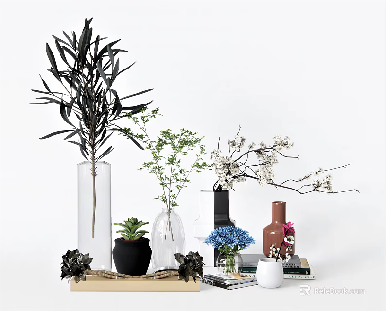 Assorted Flower Vases Featuring Olive Branches Small Twigs Succulents And Blue Flowers On Wooden Tray 3d model 