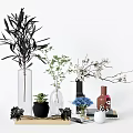 Assorted Flower Vases Featuring Olive Branches Small Twigs Succulents And Blue Flowers On Wooden Tray