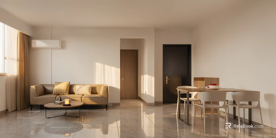 Bright Living Room Featuring Beige Sofa Coffee Table Dining Set And Natural Light 3d model 