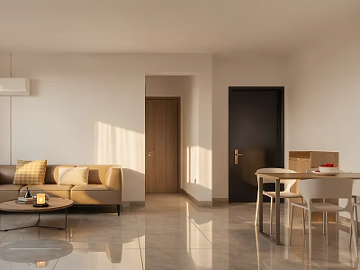 Bright Living Room Featuring Beige Sofa Coffee Table Dining Set And Natural Light 3d model
