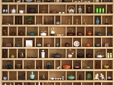 Traditional Wooden Display Cabinet Showcasing Vases Teapots Ornaments And Potted Plants 3d model