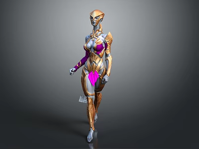 Sci Fi Female Character With Gold Purple Silver Armored Suit And Futuristic Design 3d model