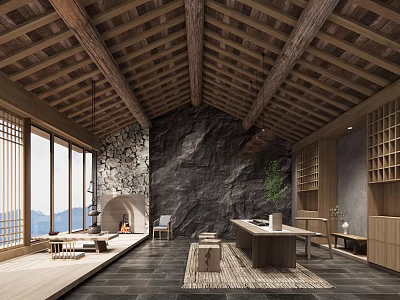 Rustic Teahouse Interior With Wooden Roof Beams Stone Wall Fireplace Shoji Windows And Tea Table 3d model