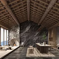 Rustic Teahouse Interior With Wooden Roof Beams Stone Wall Fireplace Shoji Windows And Tea Table