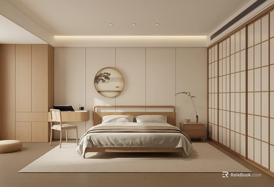 Modern Bedroom Interior With Light Wood Bed Round Painting Wooden Desk Chair Japanese Sliding Doors 3d model 