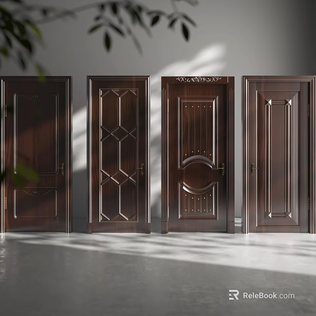Dark Wooden Swing Doors Featuring Various Decorative Patterns For Interior Spaces 3d model