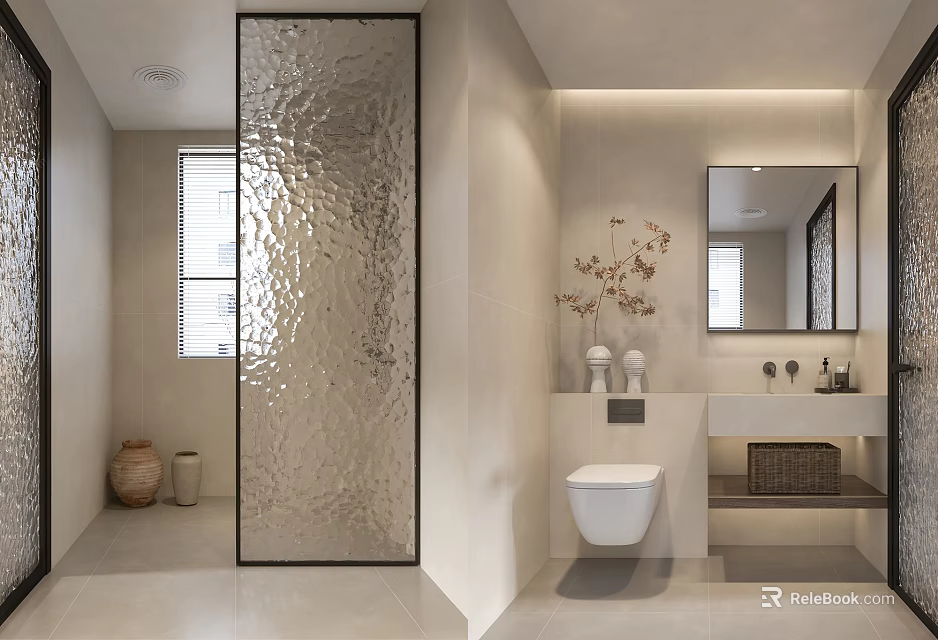 Modern Minimalist Beige Bathroom With Textured Glass Partition And Elegant Functional Interior Design 3d model 