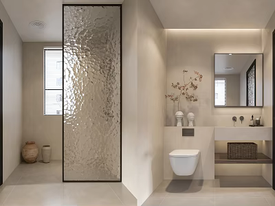 Modern Minimalist Beige Bathroom With Textured Glass Partition And Elegant Functional Interior Design 3d model