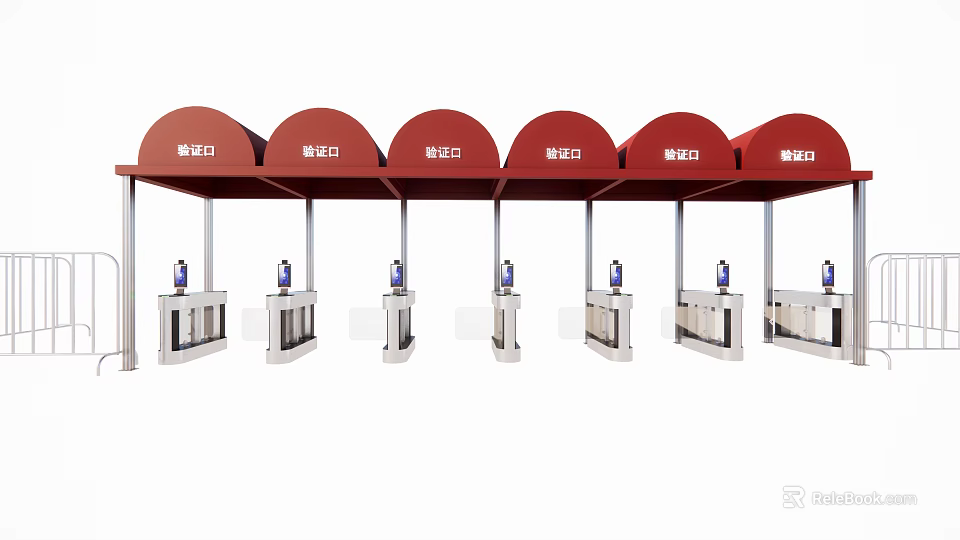 Public Transportation Facility With Red Canopies And Multiple Ticket Check Turnstiles 3d model 