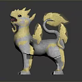 Detailed Gray And Yellow Mythical Creature With Mane Flame Tail Standing Sculpture