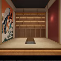 Traditional Japanese Hotel Corridor With Wooden Lattice Doors Paper Lanterns And Palm Plant