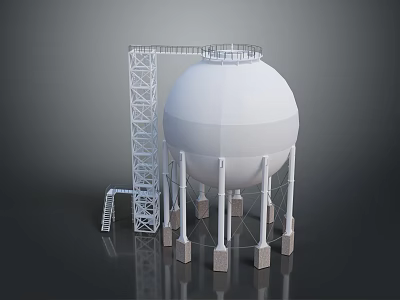 Industrial Spherical Storage Tank With Metal Ladder Platform And Concrete Supports 3d model