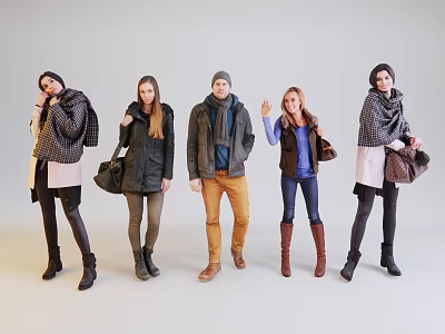 Group of Five People Wearing Winter Coats Scarves and Carrying Fashion Bags in Casual Outfits 3d model