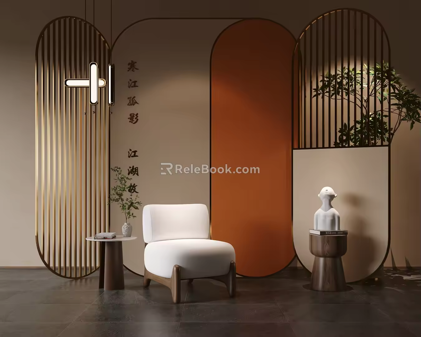 Middle Ancient Style Screen Middle Ancient Style Partition Screen Partition Sofa Plant Floor Lamp 3d model