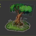 Cartoon Style Tree With Green Canopy Brown Hollow Trunk Surrounded By Grass And Purple Flowers 3d model