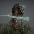 Cartoon Scene Featuring Mysterious Spotted Creature Broken Structure Green Ghosts Grass Mushrooms And Skull