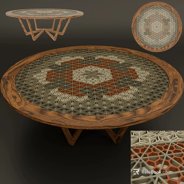 Artistic Round Table With Wooden Frame And Intricate Geometric Patterns 3d model 