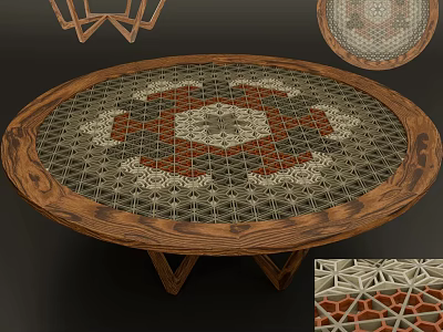 Artistic Round Table With Wooden Frame And Intricate Geometric Patterns 3d model