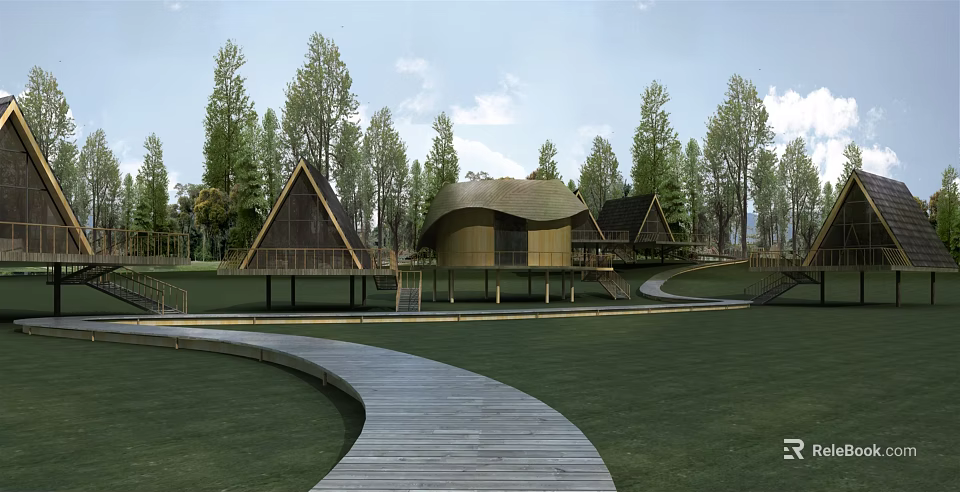 Scenic Wooden Cabins Surrounded by Tall Trees With Curved Wooden Pathway 3d model 