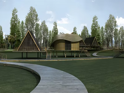 Scenic Wooden Cabins Surrounded by Tall Trees With Curved Wooden Pathway 3d model