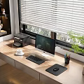 Modern Computer Workstation With Monitor Keyboard Mouse Pad On Wooden Desk By Window And Plant