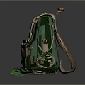 Green Outdoor Backpack With Brown Straps Pockets Small Bottles And Green Leaves Decoration